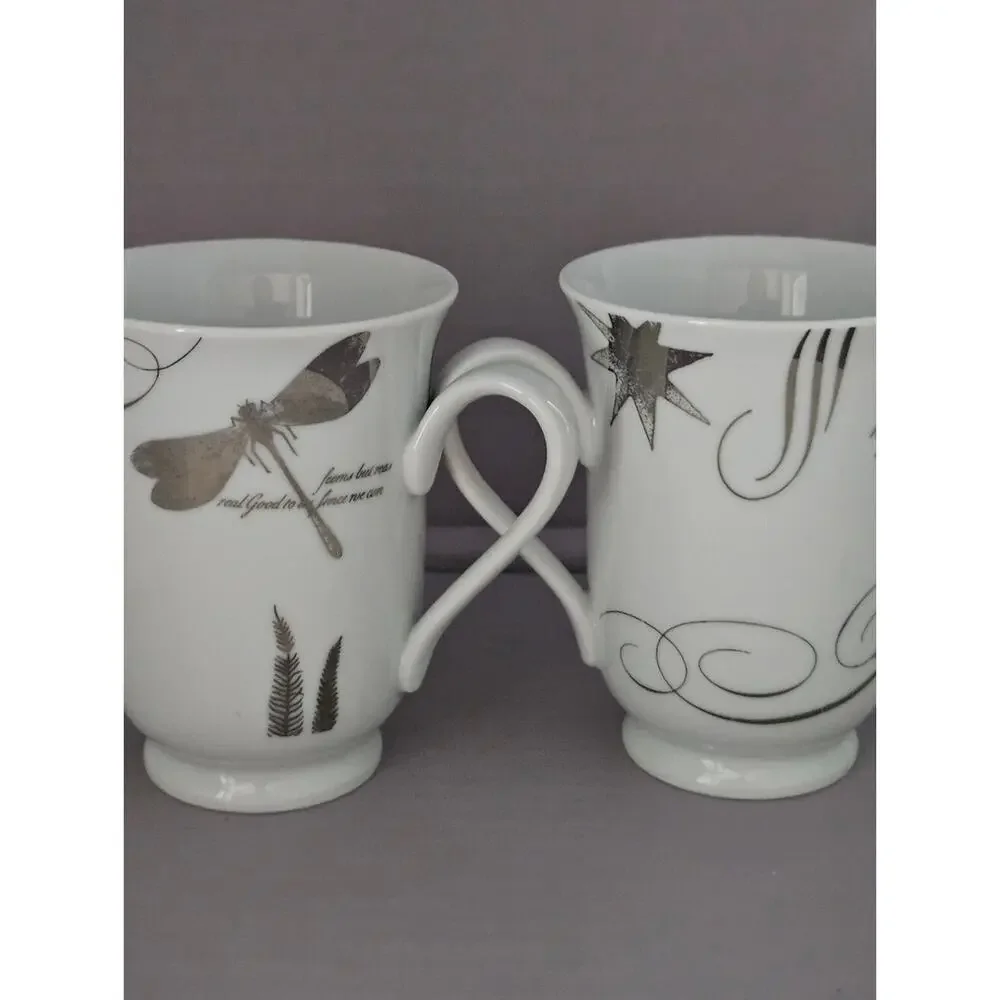 Pottery Barn Cups White Porcelain Fruit Pattern Mug - Silver Accent Set of 2 CA